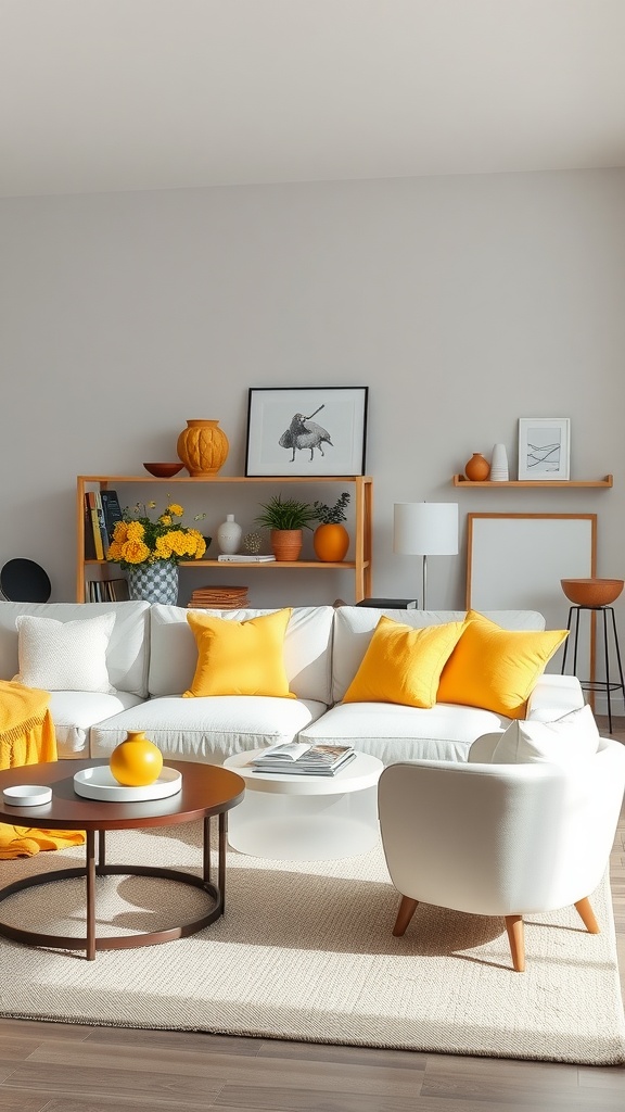 A bright living room featuring a white sofa with yellow pillows, a wooden coffee table, and decorative accessories in yellow.