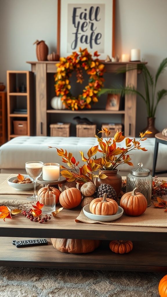 A cozy harvest-inspired table setting with pumpkins, autumn leaves, and elegant drinks.