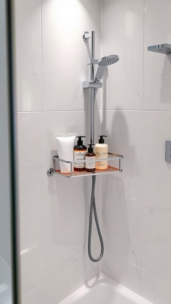 A modern shower setup with a heated caddy holding various bath products.