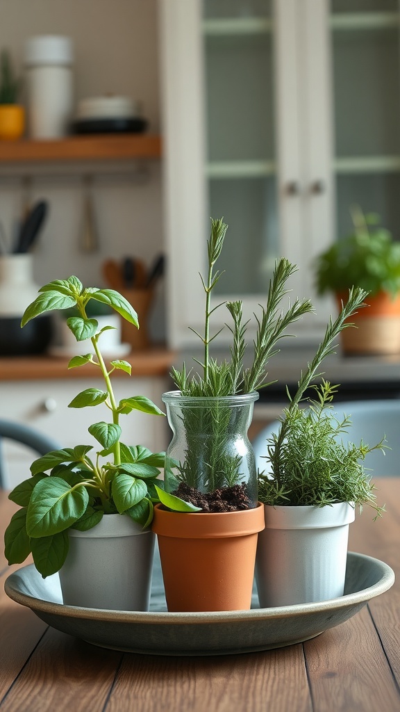 A charming herb garden centerpiece featuring basil, rosemary, and thyme in pots, arranged on a tray.