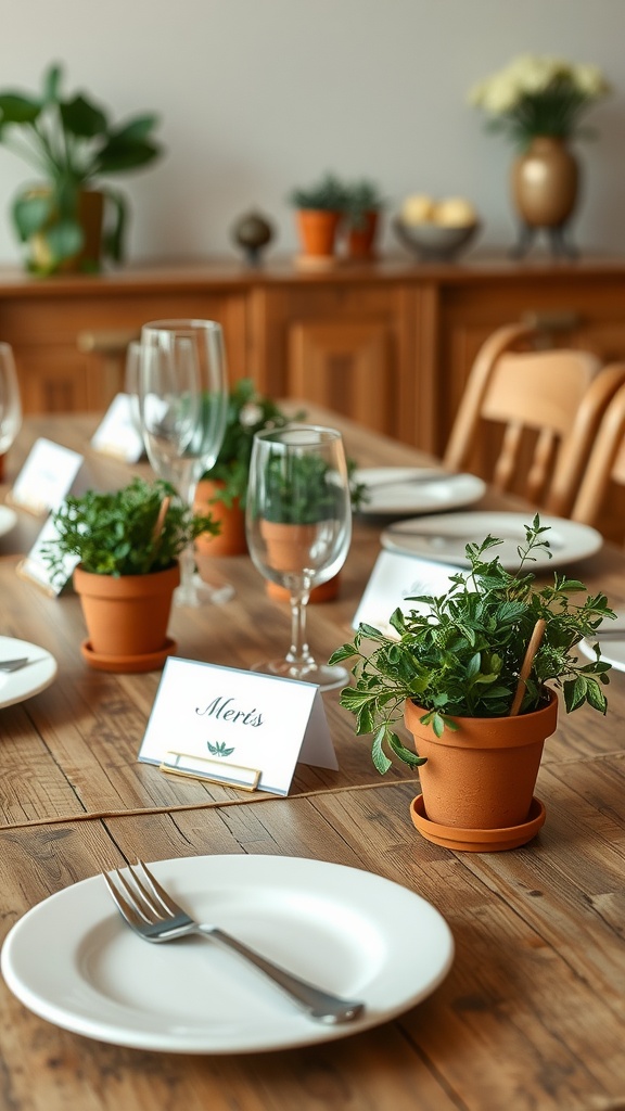 A dinner table set with small terracotta pots of herbs as place card holders, adding a fresh and natural touch.