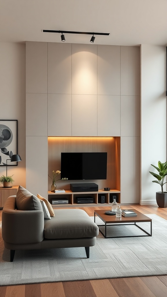 A modern living room featuring a hidden media cabinet with a TV, warm lighting, and a cozy seating area.