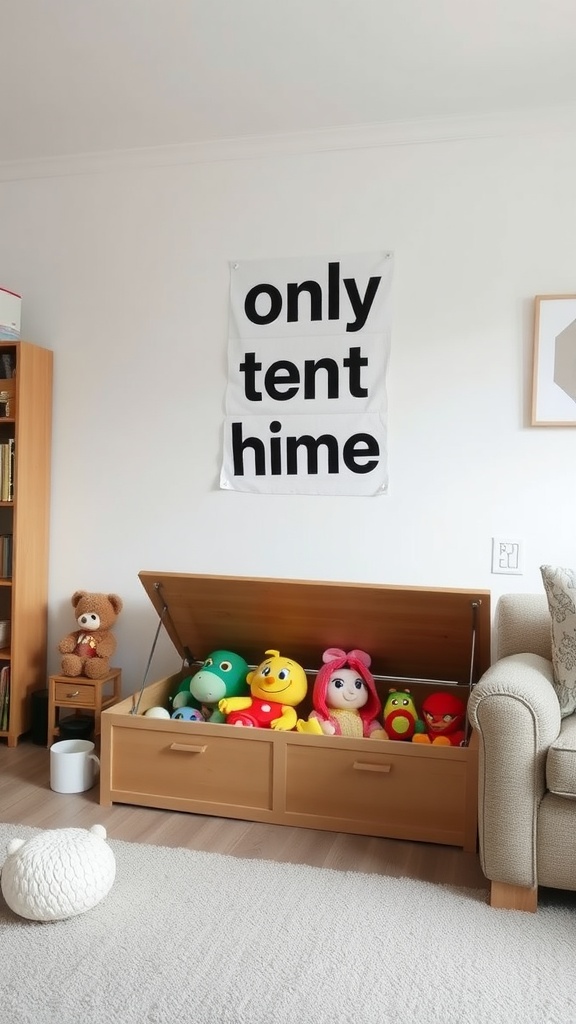 A cozy living room featuring a wooden bench with hidden toy storage, displaying colorful plush toys inside.