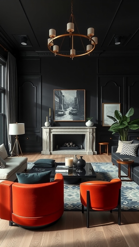 A modern living room featuring high-contrast decor with black walls, orange chairs, and elegant accessories.