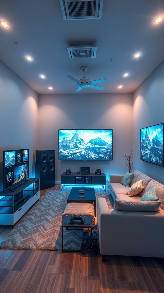 A modern gaming room with multiple screens, a comfortable sofa, and ambient lighting.