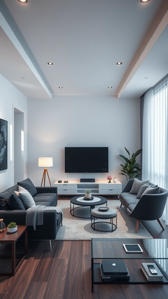 A modern living room showcasing high-tech features, including a wall-mounted TV, smart lighting, and stylish furniture.