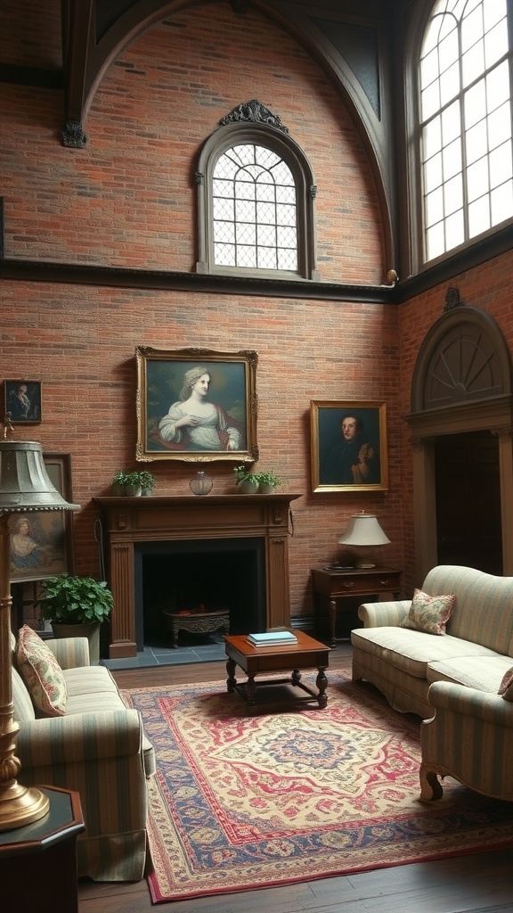 A historic English living room with exposed brick walls, tall windows, portraits, and traditional furniture.