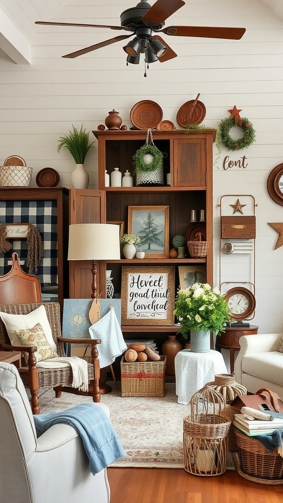 Cozy farmhouse-style living room with a display of homemade crafts and decorations