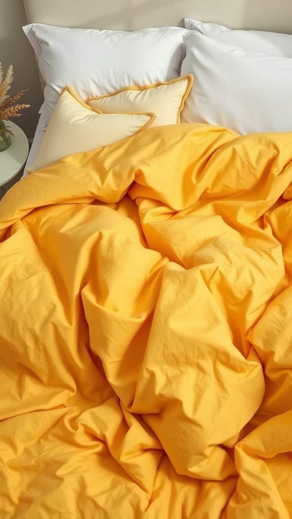 Close-up of a honey yellow duvet cover on a bed with white pillows and a decorative cushion.