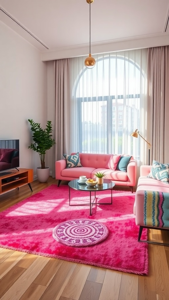 A bright living room featuring a hot pink area rug, pink sofas, and stylish decor.