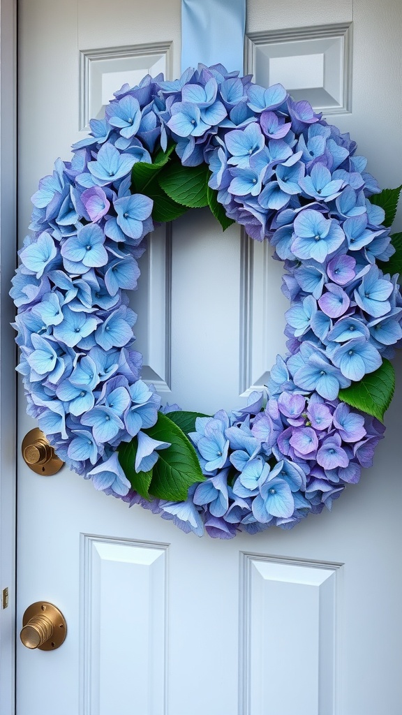 A beautiful hydrangea wreath in blue and lavender on a white door