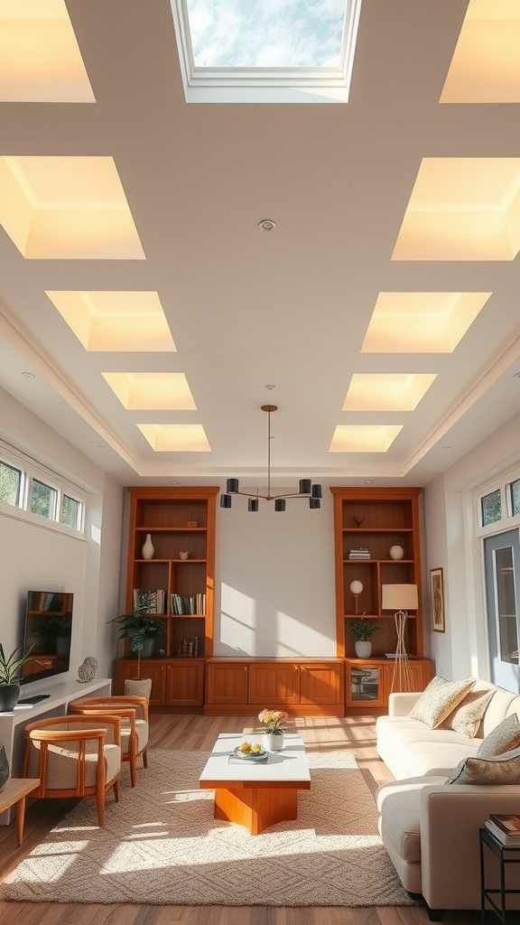 Living room with illuminated ceiling featuring skylights and recessed lighting