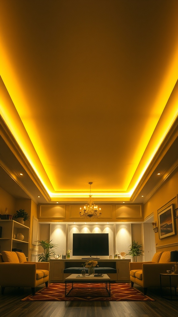 Living room with illuminated ceiling and warm lighting