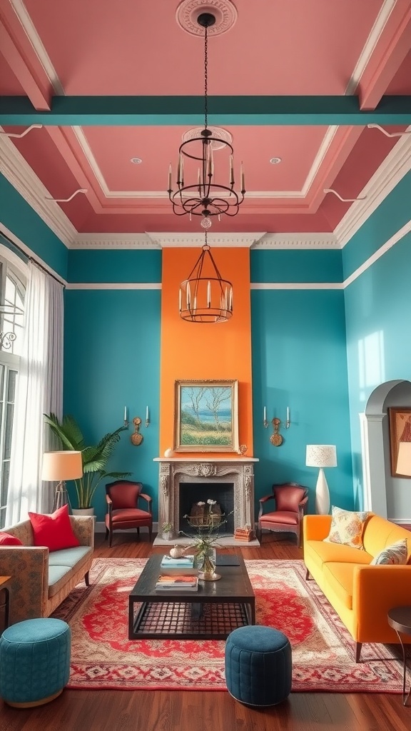 A living room with a pink ceiling, teal walls, and an orange accent wall, featuring colorful furniture and a cozy ambiance.