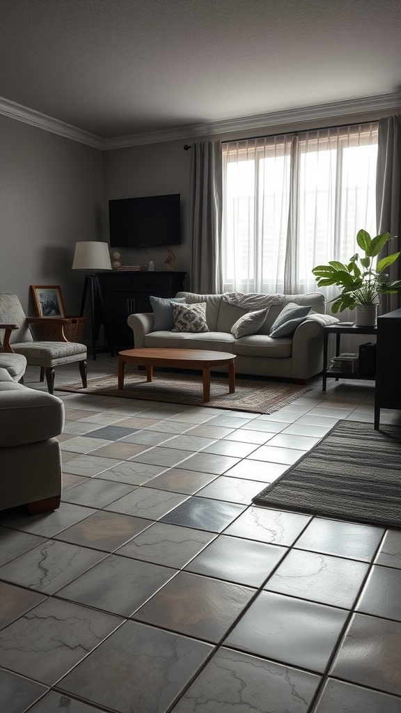 A living room with tiled flooring showing a mix of colors and textures, with furniture and decor.