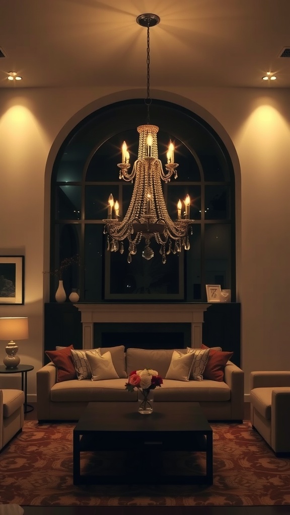 A living room with a chandelier lighting fixture that creates a contrast with wall lighting.