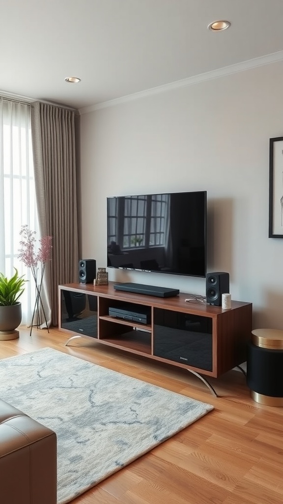 A compact entertainment center with a TV, speakers, and decorative plants in a small living room.