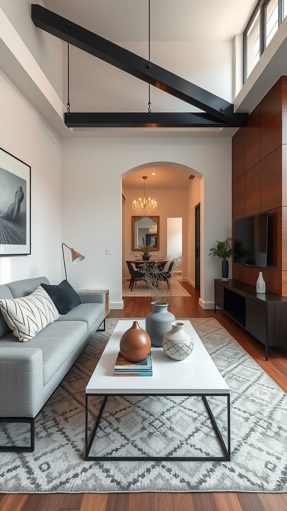 A modern long narrow living room featuring a gray sofa, a long white coffee table with decorative items, and a patterned area rug.