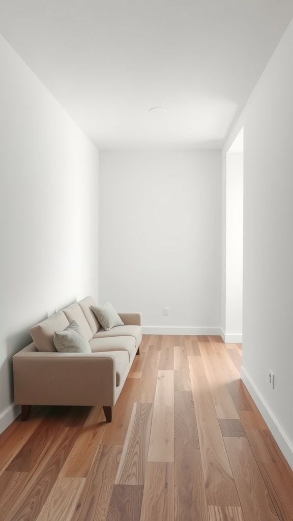 A narrow living room featuring a long beige sofa against a white wall with wooden flooring.