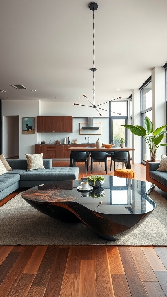 Stylish open concept living room featuring a unique black coffee table, cozy seating, and a modern kitchen in the background.