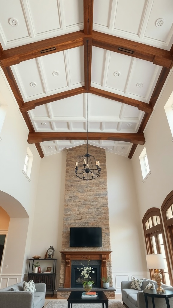 A high ceiling living room featuring wooden beams, a stone fireplace, and elegant lighting.