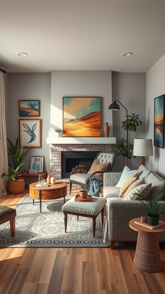 A cozy living room featuring art pieces on the walls, plants, and comfortable furniture.