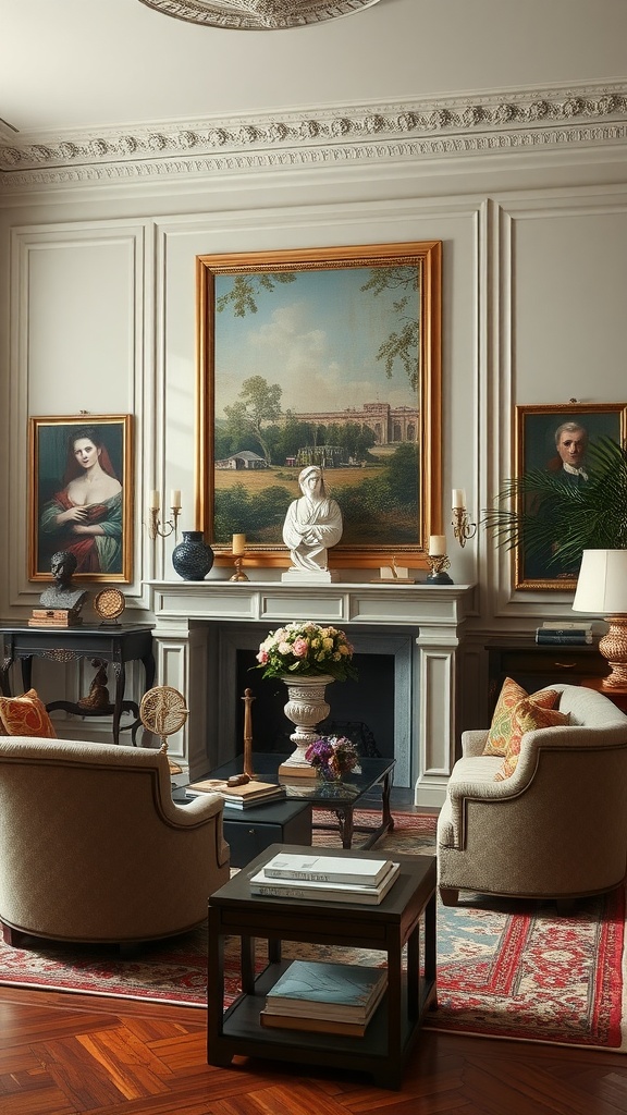 A formal living room featuring classic artwork and a bust sculpture, with elegant furniture and decor.