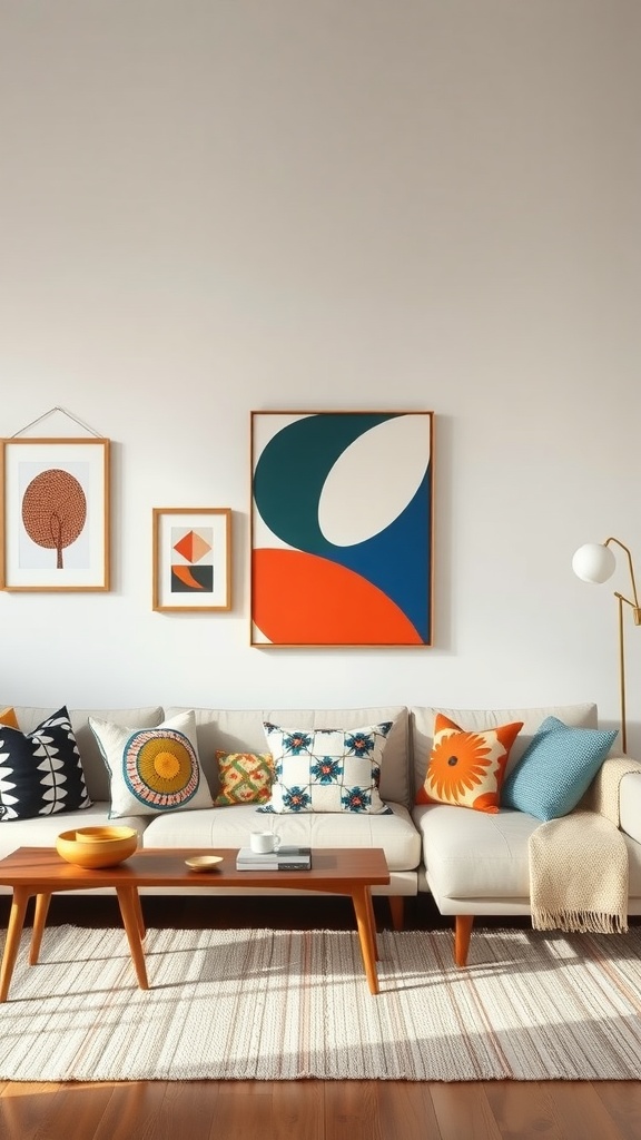 Midcentury modern living room with bold graphic prints on walls and cushions