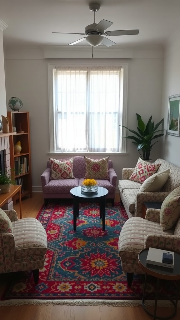 Cozy small living room with patterned furniture and a vibrant area rug.