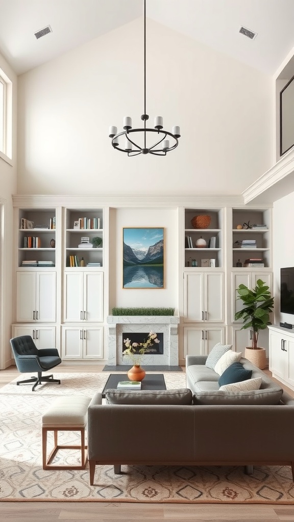 A stylish high ceiling living room featuring built-in shelves, a comfortable sofa, and a chandelier