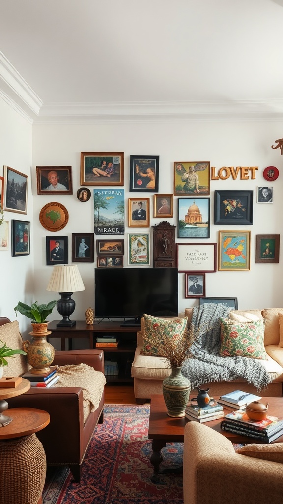 A cozy mid-century boho living room with a gallery wall of diverse framed artworks, decorative vases, and warm furnishings.