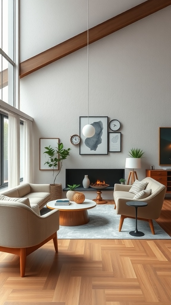 A midcentury modern living room featuring layered textures with wooden furniture, soft fabrics, and artwork.