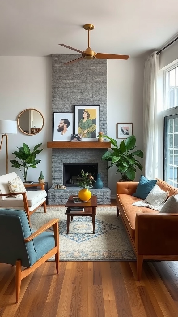 Midcentury modern living room with eclectic decor, featuring an orange sofa, blue armchair, and framed artworks