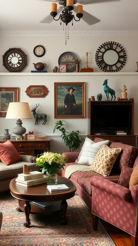 A cozy living room featuring various family heirlooms, including framed portraits and vintage decor.