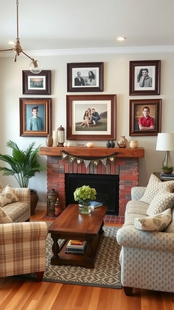 A cozy living room with family photos framed above a brick fireplace, comfortable seating, and a wooden coffee table.