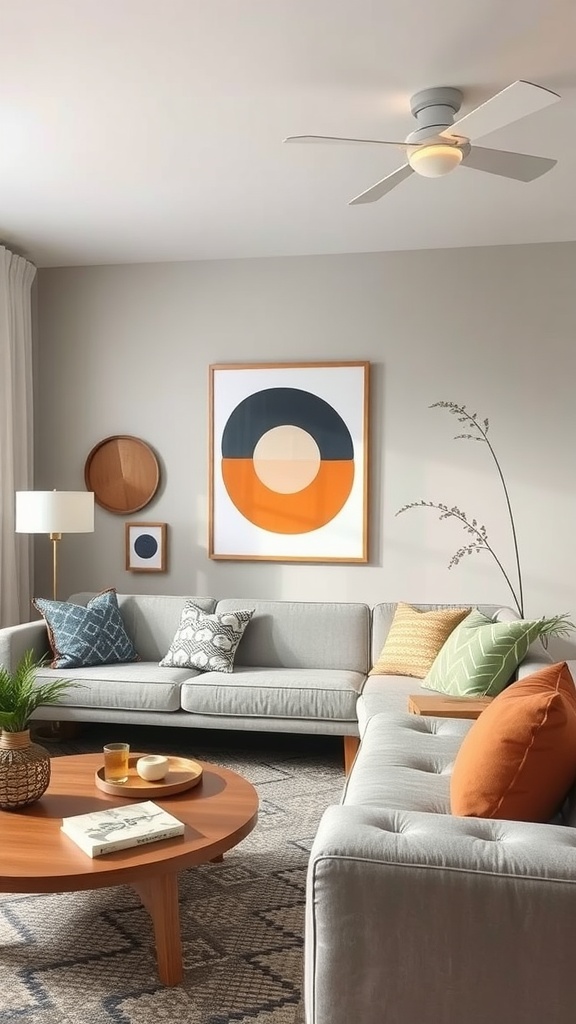 A midcentury modern living room featuring geometric decor elements.