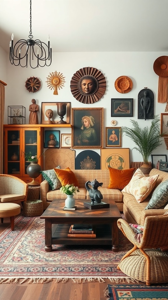 A boho living room featuring various global artifacts on the walls, cozy furniture, and a warm color palette.