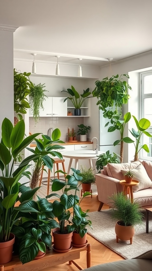 A cozy living room and kitchen combined with an abundance of indoor plants.