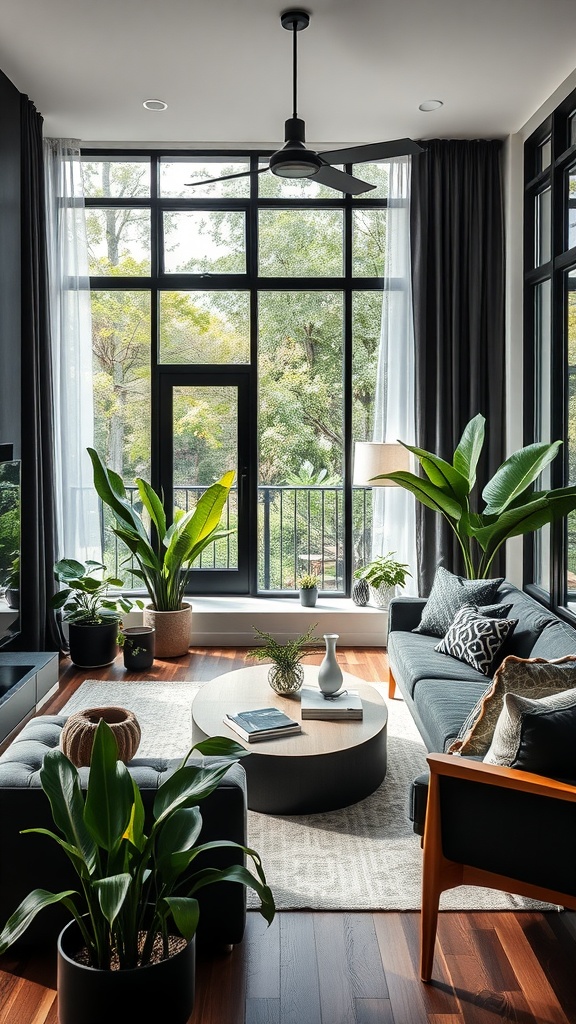 Living room featuring black and wood furniture with various indoor plants around large windows.