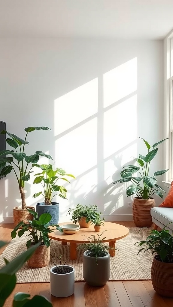 A minimalist living room with various plants, a round wooden coffee table, and natural light streaming through windows.