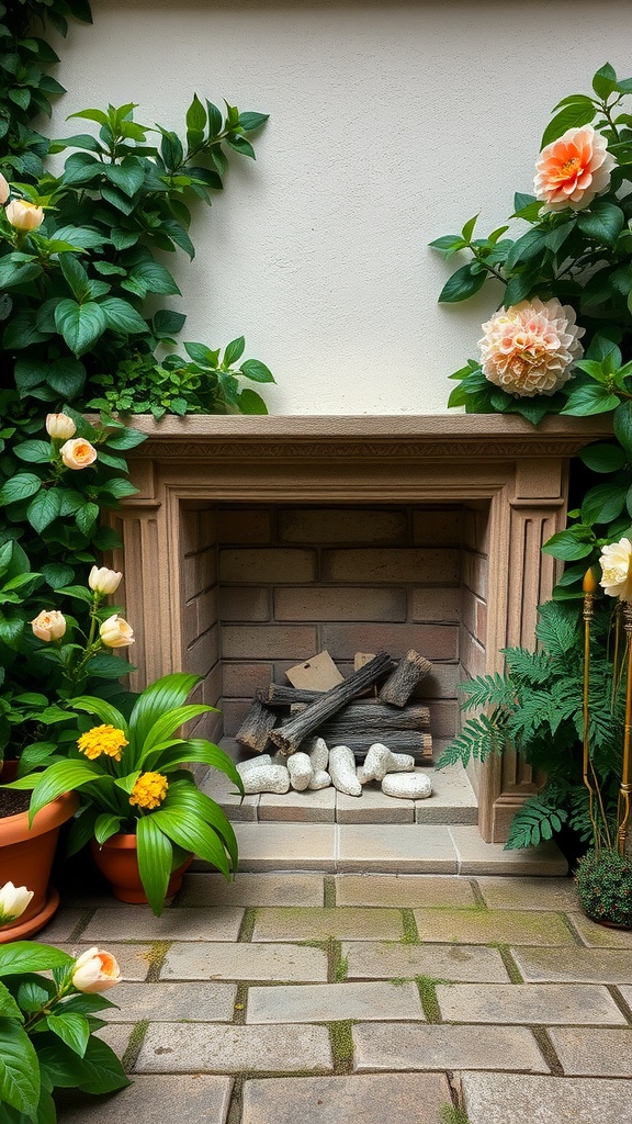 A fireplace surrounded by lush greenery and blooming flowers, creating a vibrant spring atmosphere.