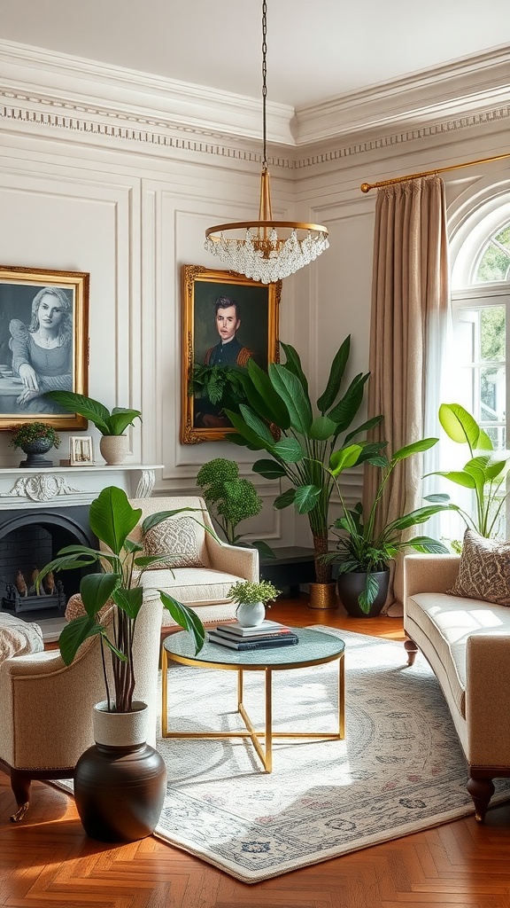 A formal living room with large indoor plants, elegant furniture, and beautiful decor.