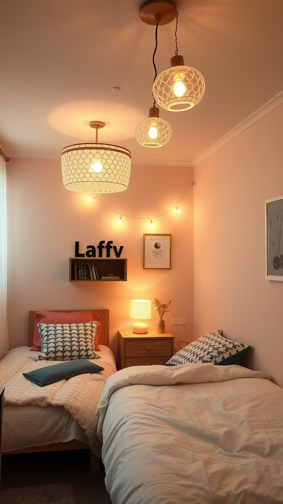 Cozy small shared bedroom with stylish light fixtures and warm decor.