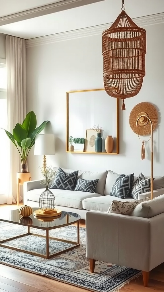 A modern boho living room featuring a light-colored sofa, metallic accents, and a stylish decor arrangement.