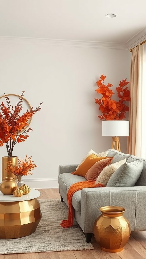 Cozy fall living room with metallic accents in gold and warm orange decor.