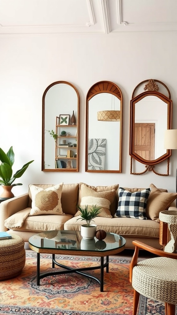 A cozy boho living room featuring three decorative mirrors, a beige sofa with patterned pillows, a glass coffee table, and a lush green plant.