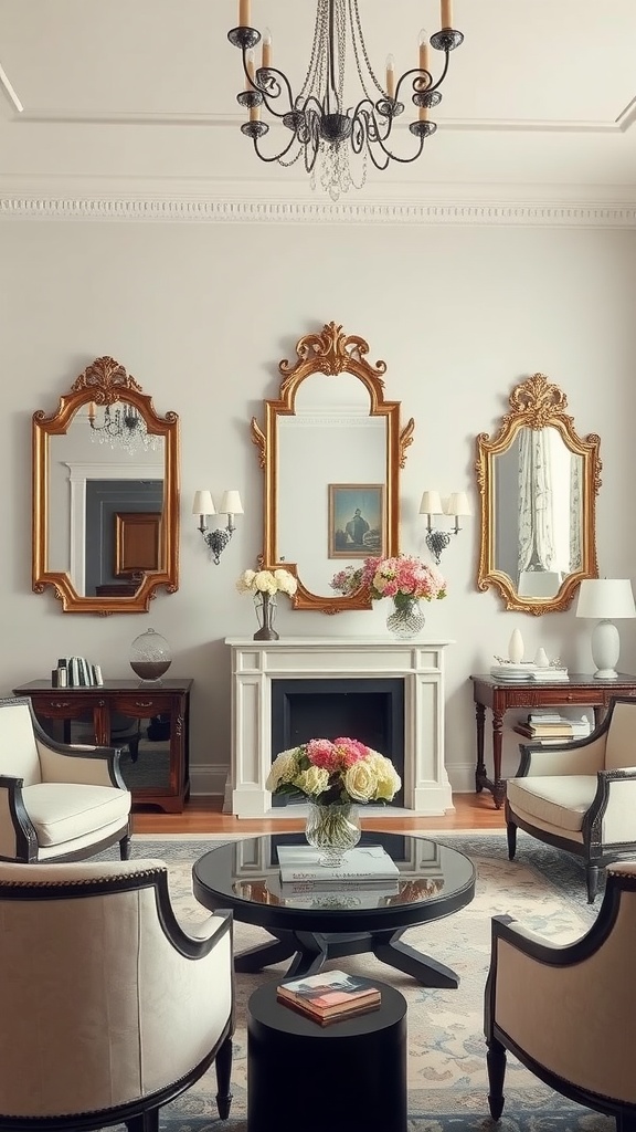 Formal living room featuring elegant mirrors, floral arrangements, and tasteful décor.