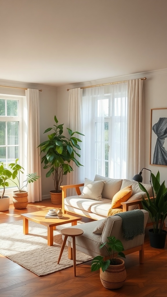 A cozy living room featuring large plants, natural light, and wooden furniture.