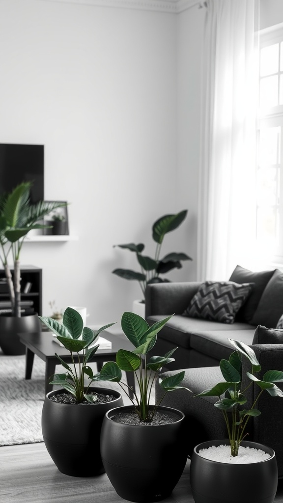 A modern black, grey, and white living room featuring vibrant green plants in stylish black pots.