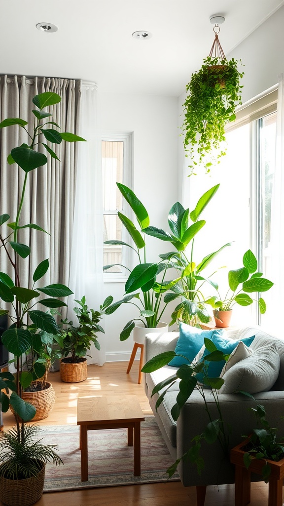 A cozy small living room filled with various houseplants, a comfortable sofa, and natural light.